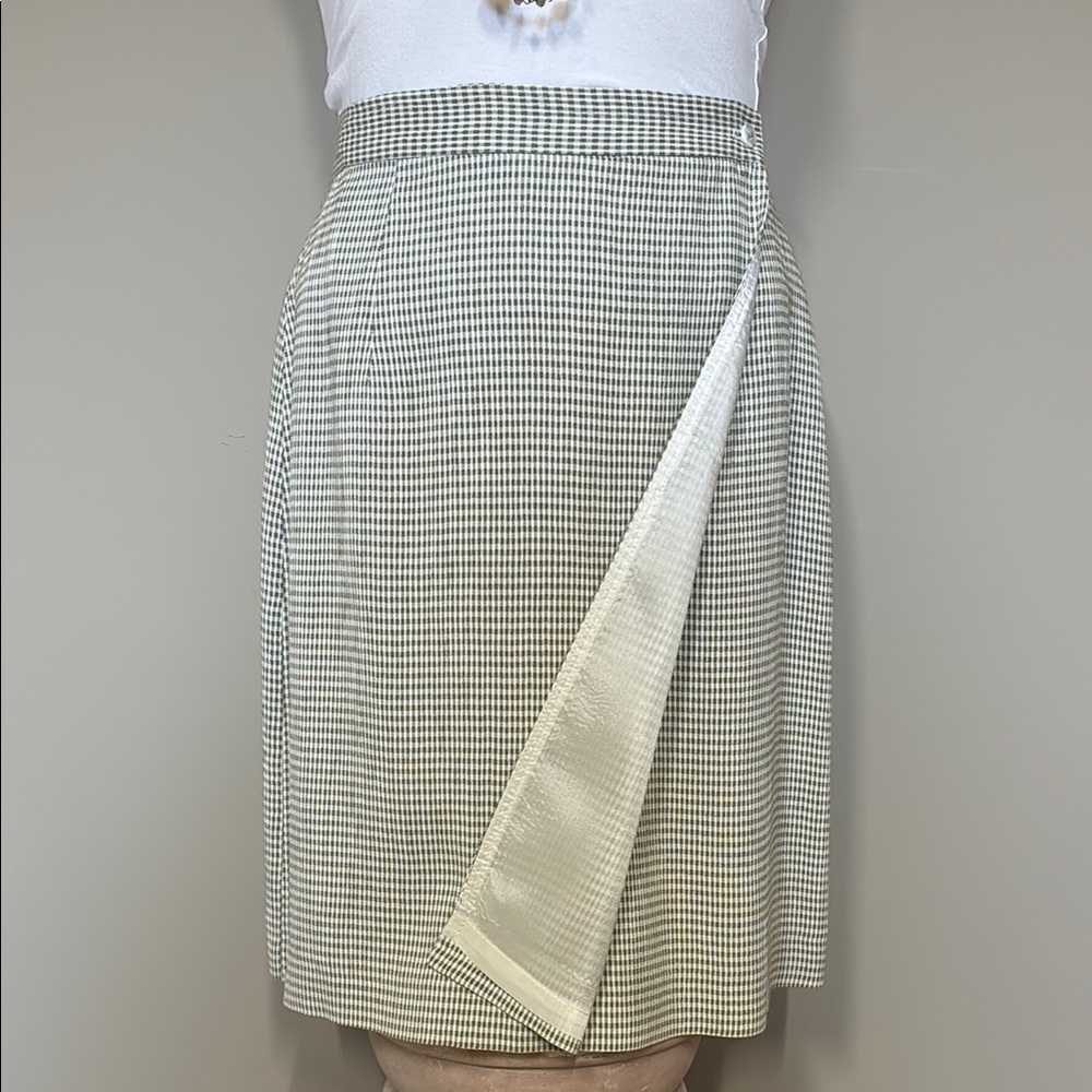 Gingham Midi Wrap Skirt; Vintage Light Olive Green & White, Lined, Size 2; EUC - Picture 3 of 10